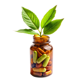 a bottle filled with pills and a green leaf