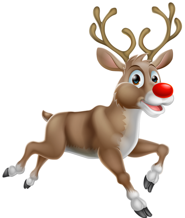 a cartoon reindeer running with a red nose