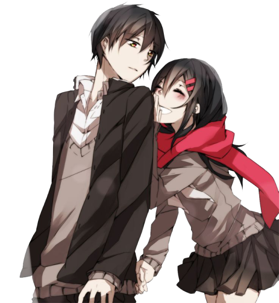 two anime characters, one is hugging and the other is standing