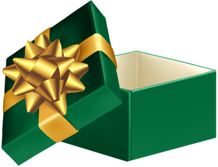 a green gift box with a gold bow