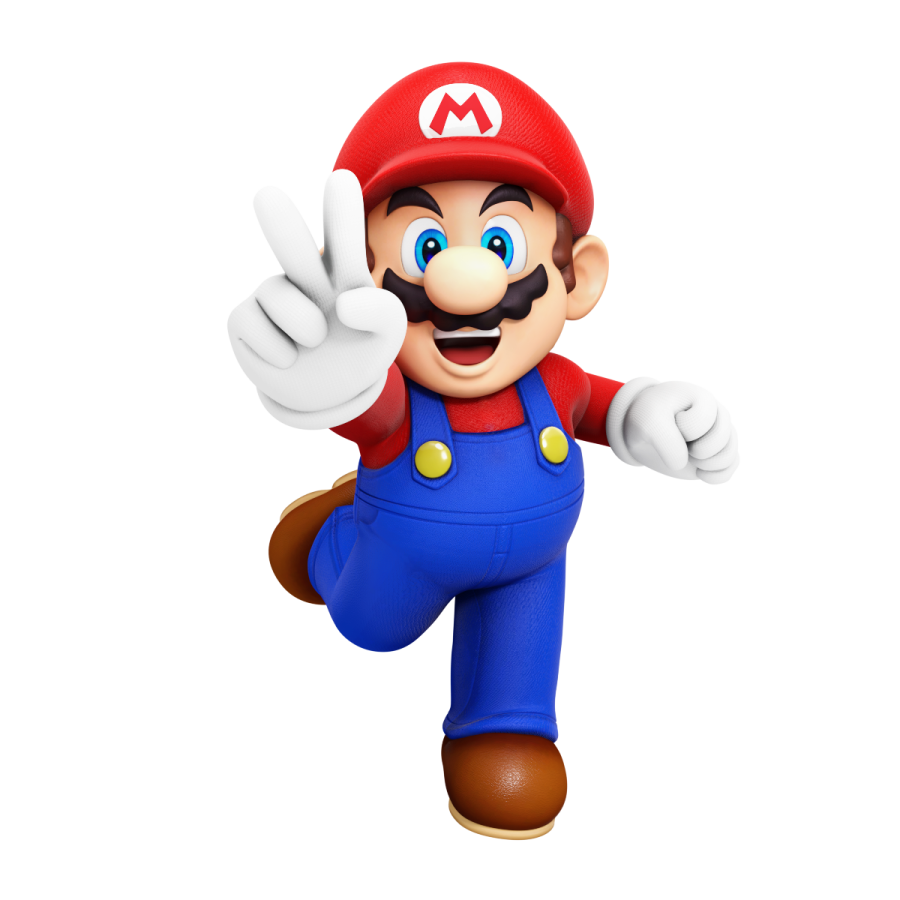 a cartoon character in a red hat and blue pants