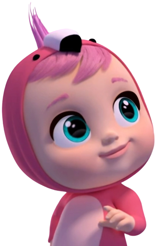 a cartoon character with pink hair and blue eyes