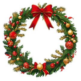 a christmas wreath with red and gold decorations