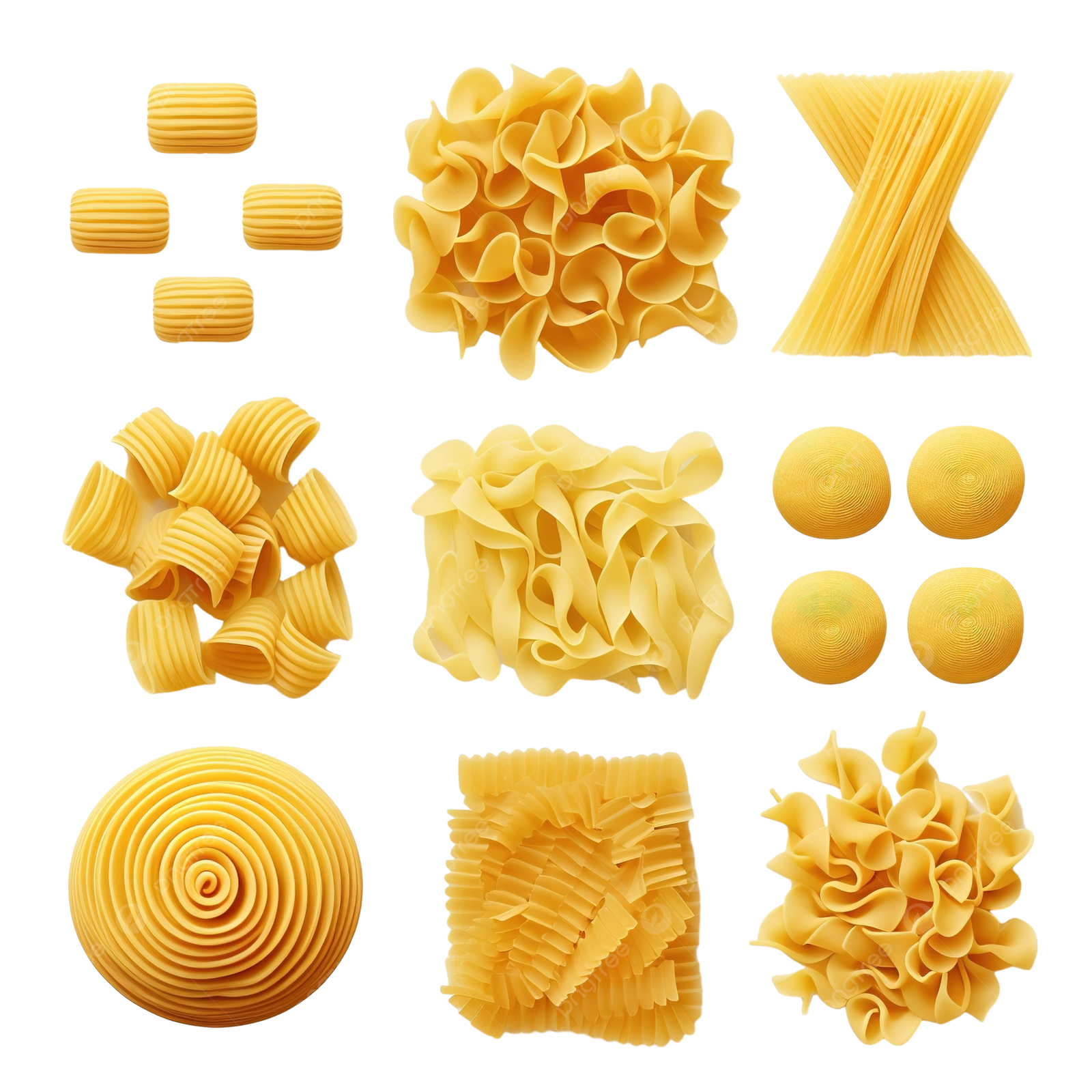 various types of pasta on a white background
