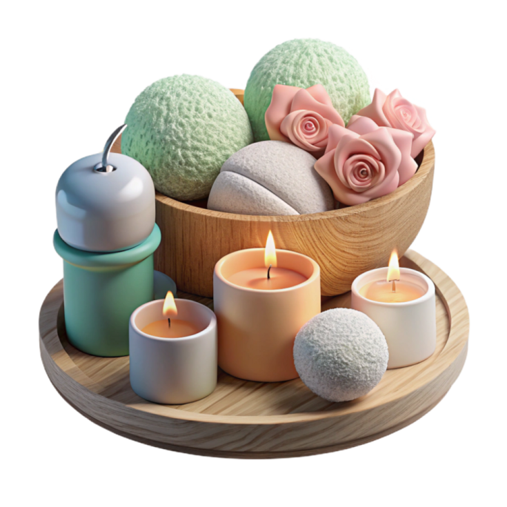 a wooden bowl filled with candles and flowers