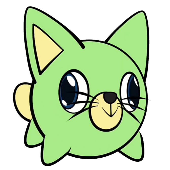 a drawing of a green cat with big eyes