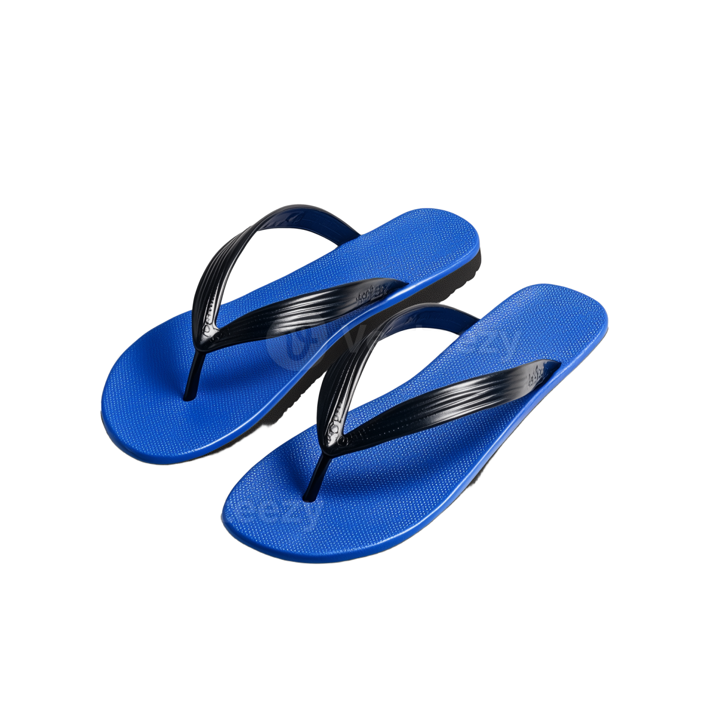 a pair of blue flip flops on white background