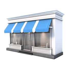 a small store with blue awnings on the front
