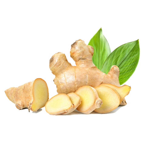a pile of ginger root with green leaves