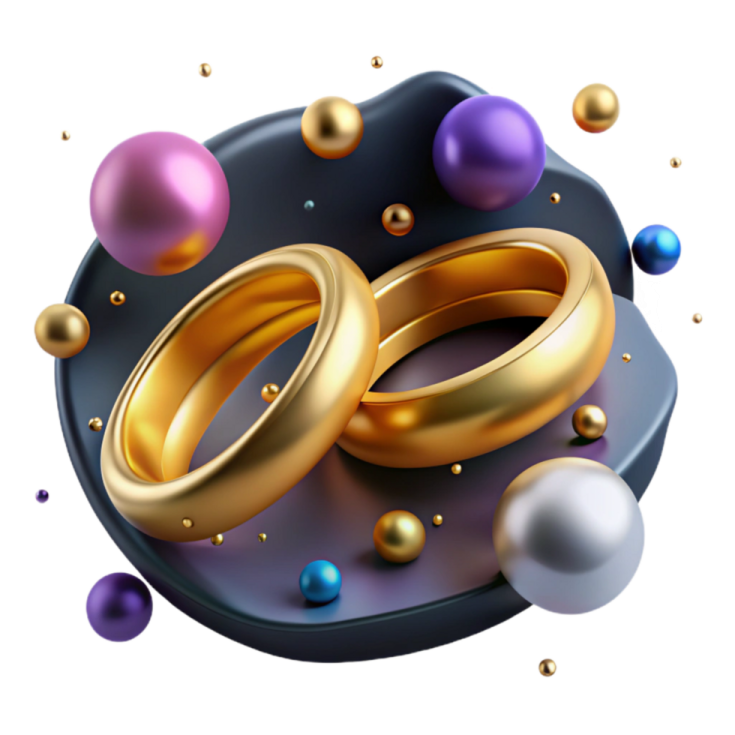 two gold wedding rings surrounded by colorful balls