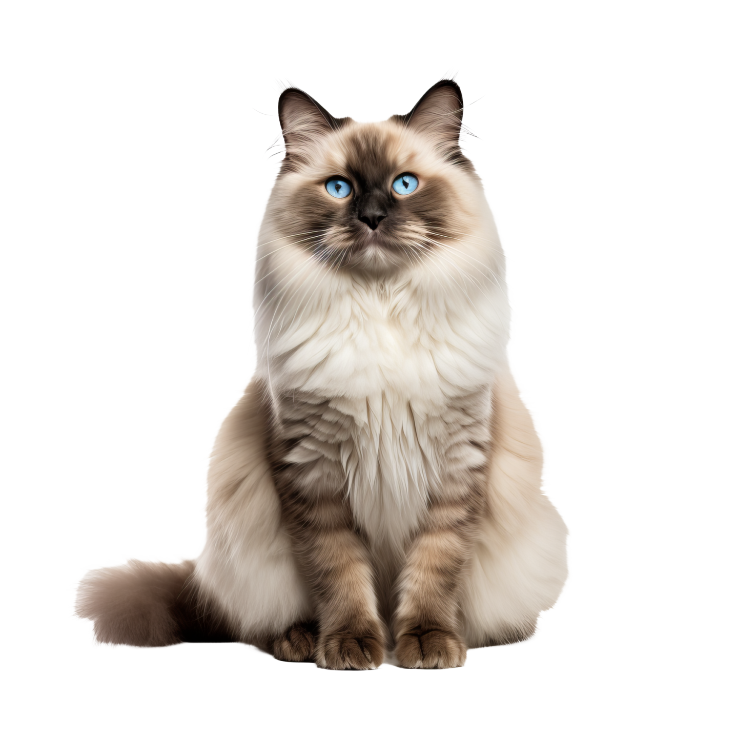 a cat with blue eyes sitting on a white surface