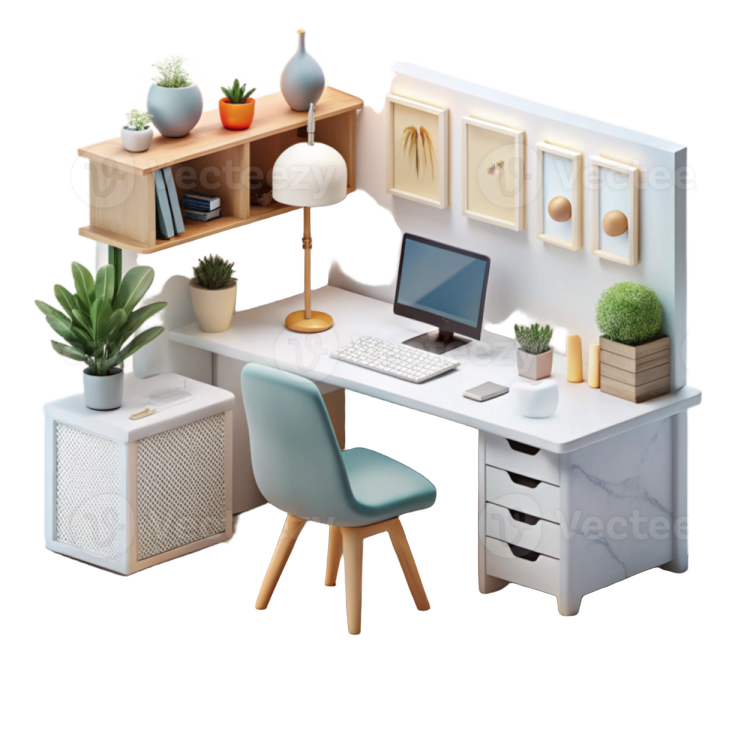 a desk with a computer and some plants on it