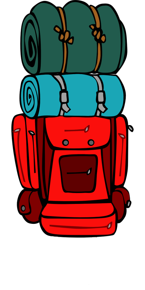 a red backpack with several bags on top