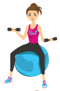 a woman sitting on an exercise ball with dumbs
