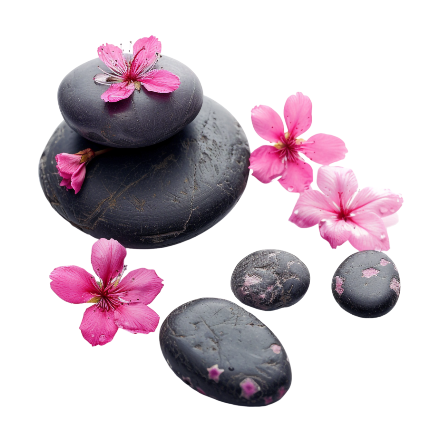 a pile of black stones with pink flowers