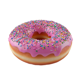 a donut with pink frosting and sprinng