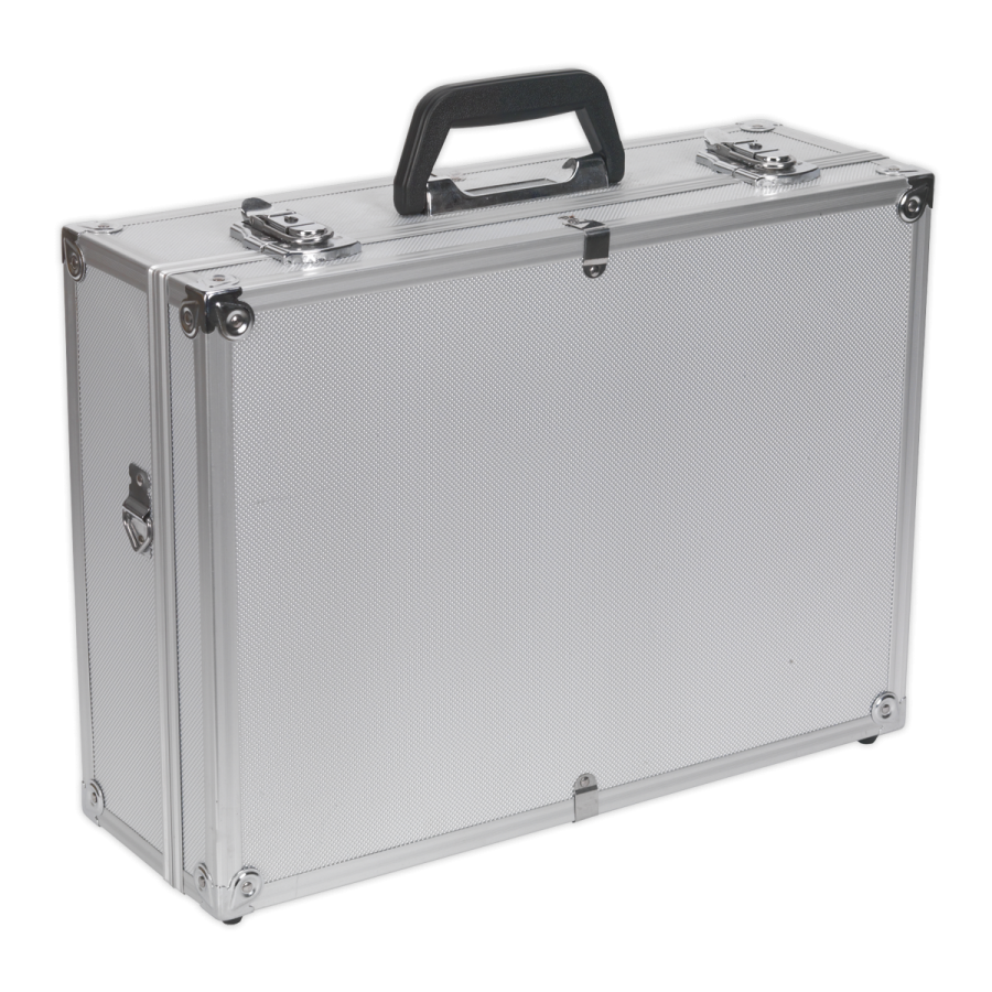 a silver aluminum briefcase with black handle