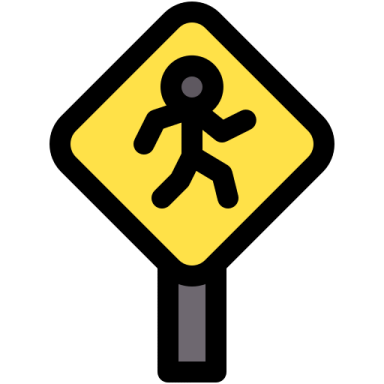 a yellow pedestrian sign with a black and white image