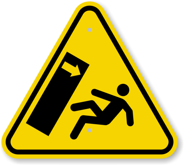 a yellow and black triangular sign with a man falling off