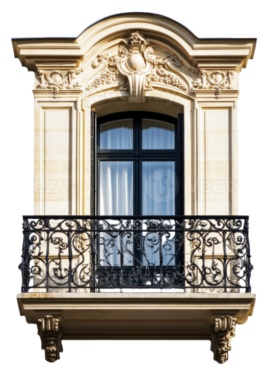 a balcony with an iron railing and window