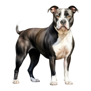 a black and white dog standing in front of a white background