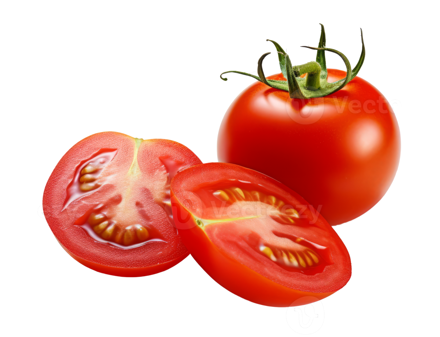 two tomatoes cut in half on white background