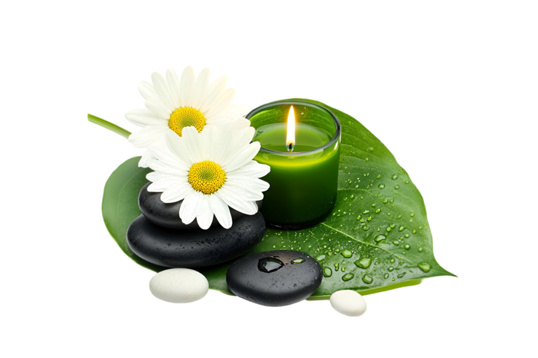 a candle and two black stones on a green leaf
