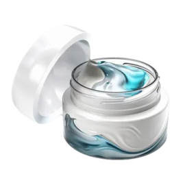 a white jar with blue swirl on it