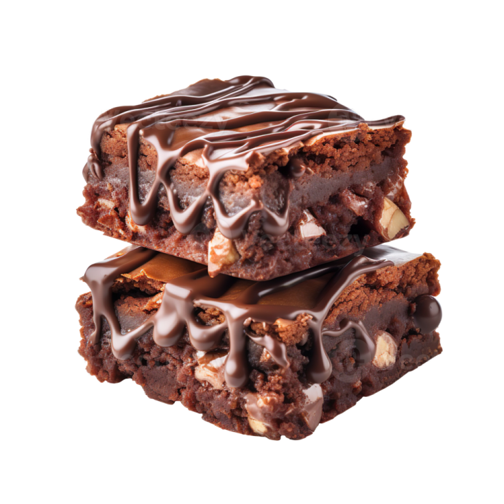 a stack of chocolate brownies with chocolate drizing on top