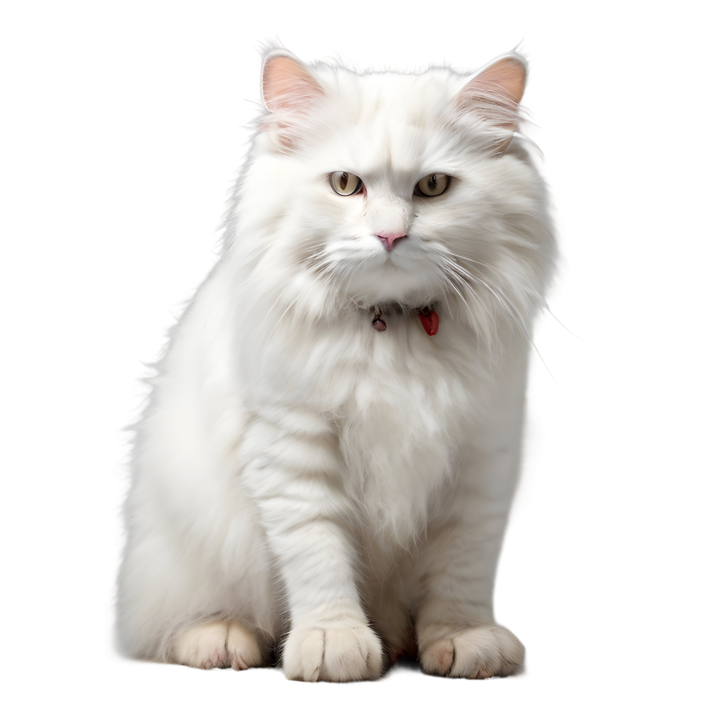 a white cat sitting down and looking at the camera