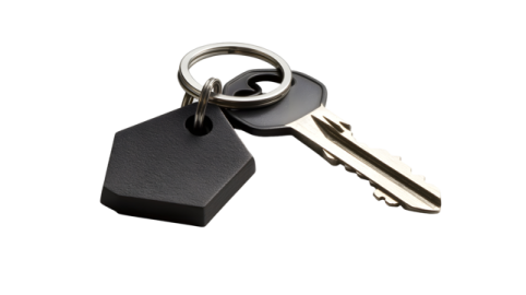 a black leather keychai with a metal ring