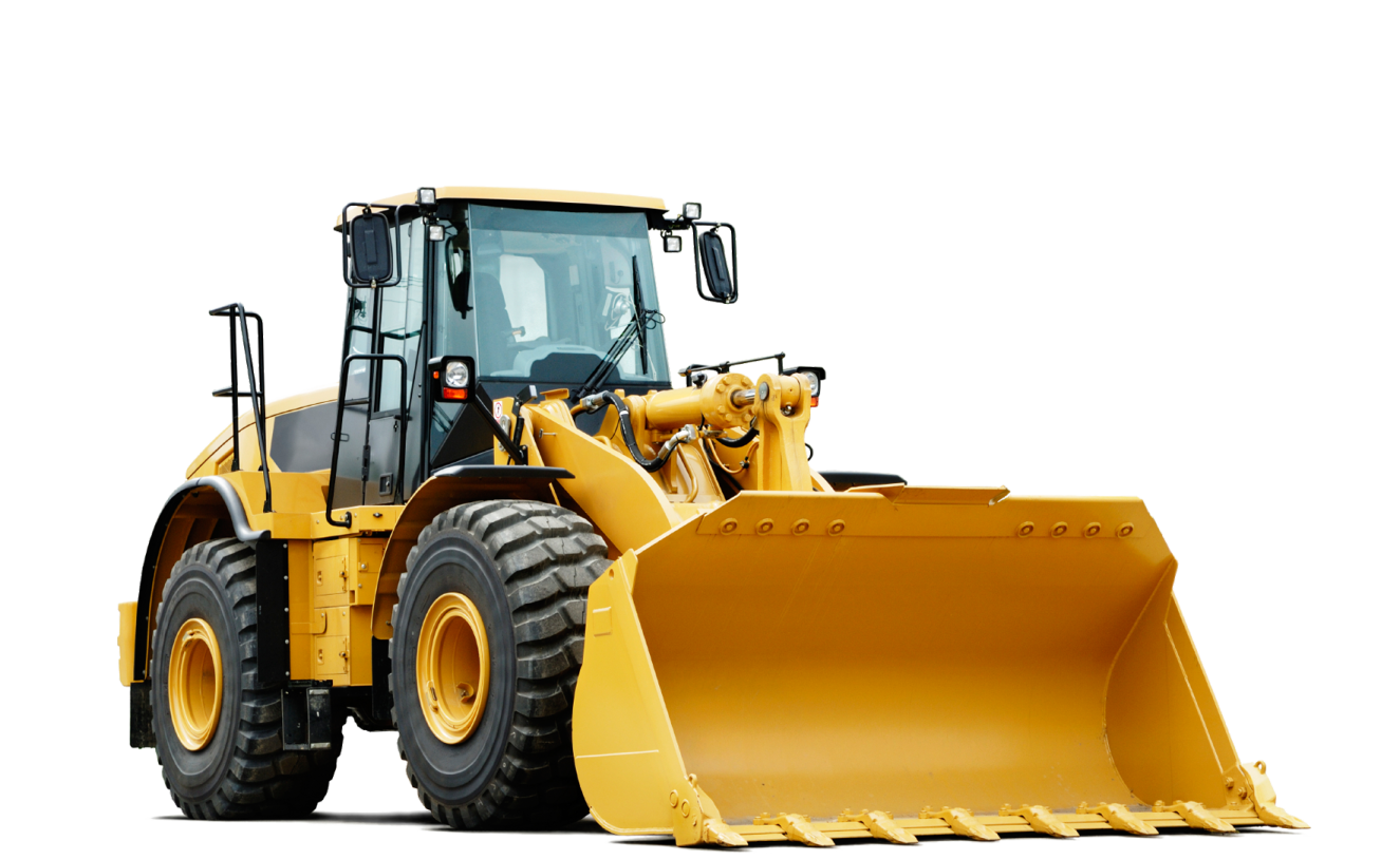 a yellow wheel loader on a white background