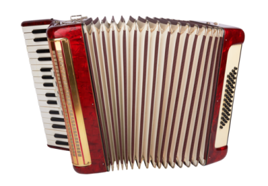 a red and white accordion