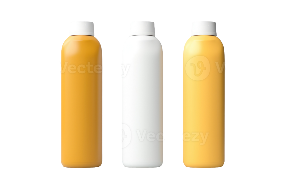 three yellow and white plastic bottles with a white cap