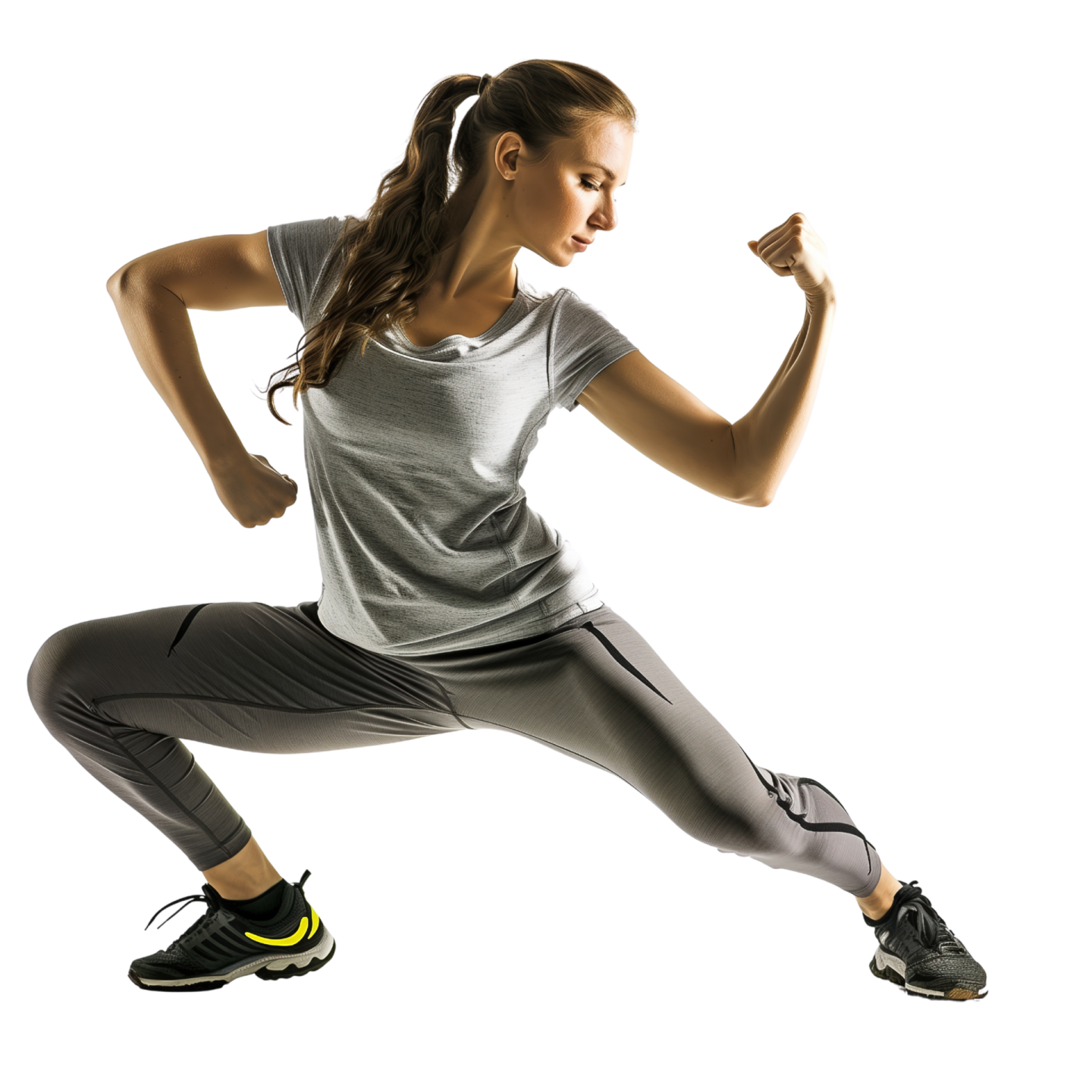 a woman in a gray shirt and black pants