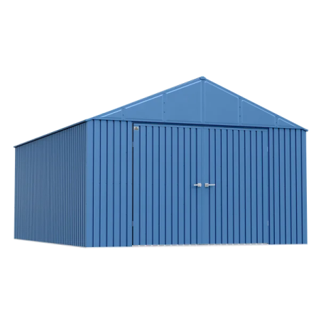 a blue metal shed on a white background