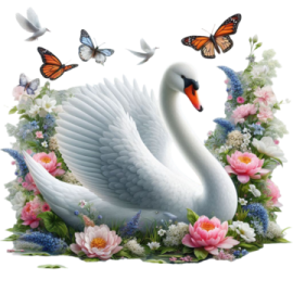 a white swan surrounded by flowers and butterflies