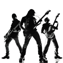 a group of people with guitars in silhouettes