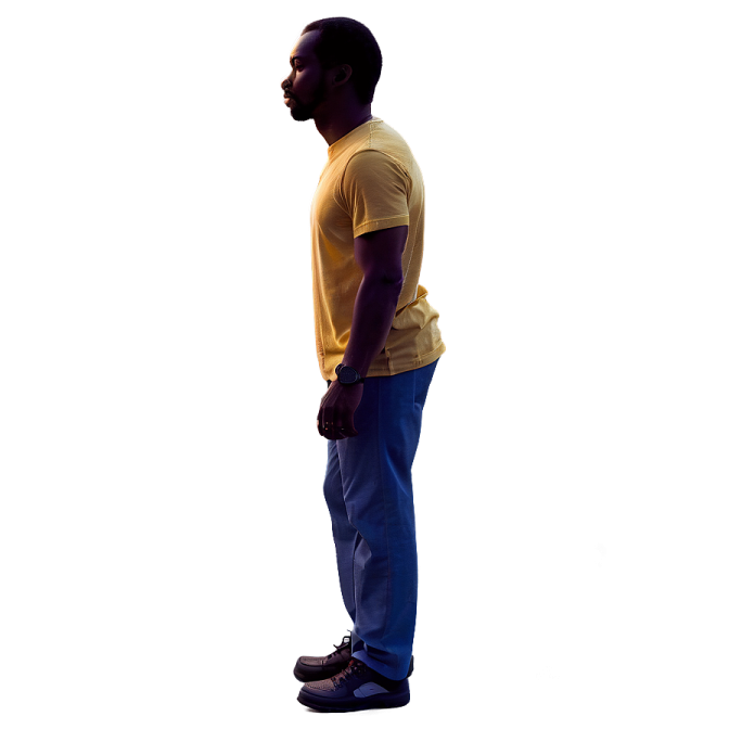 a man in a yellow shirt and blue pants