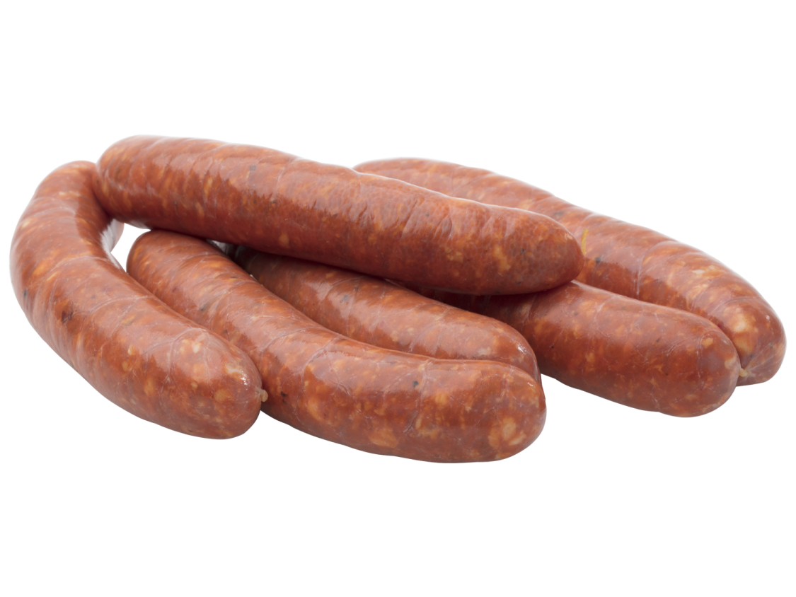three sausages on a white background