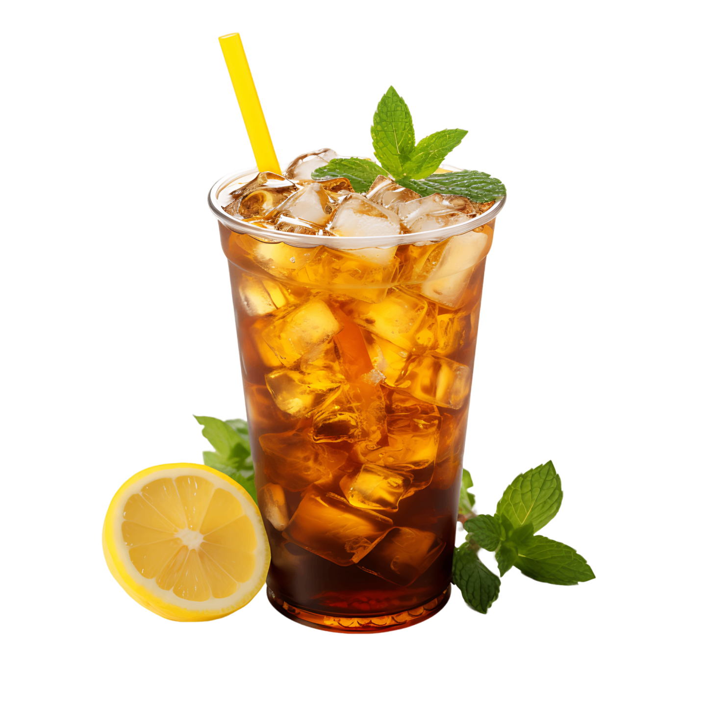 a glass of iced tea with ice and lemon