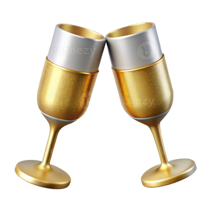 two champagne glasses with gold and silver rims