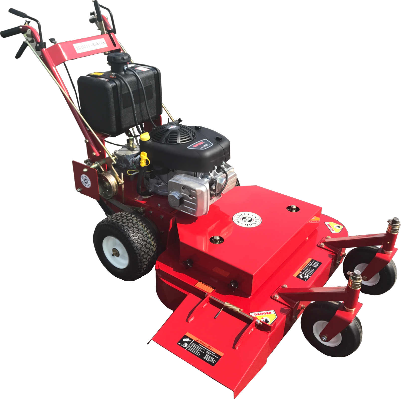 a red lawn mower on a white background