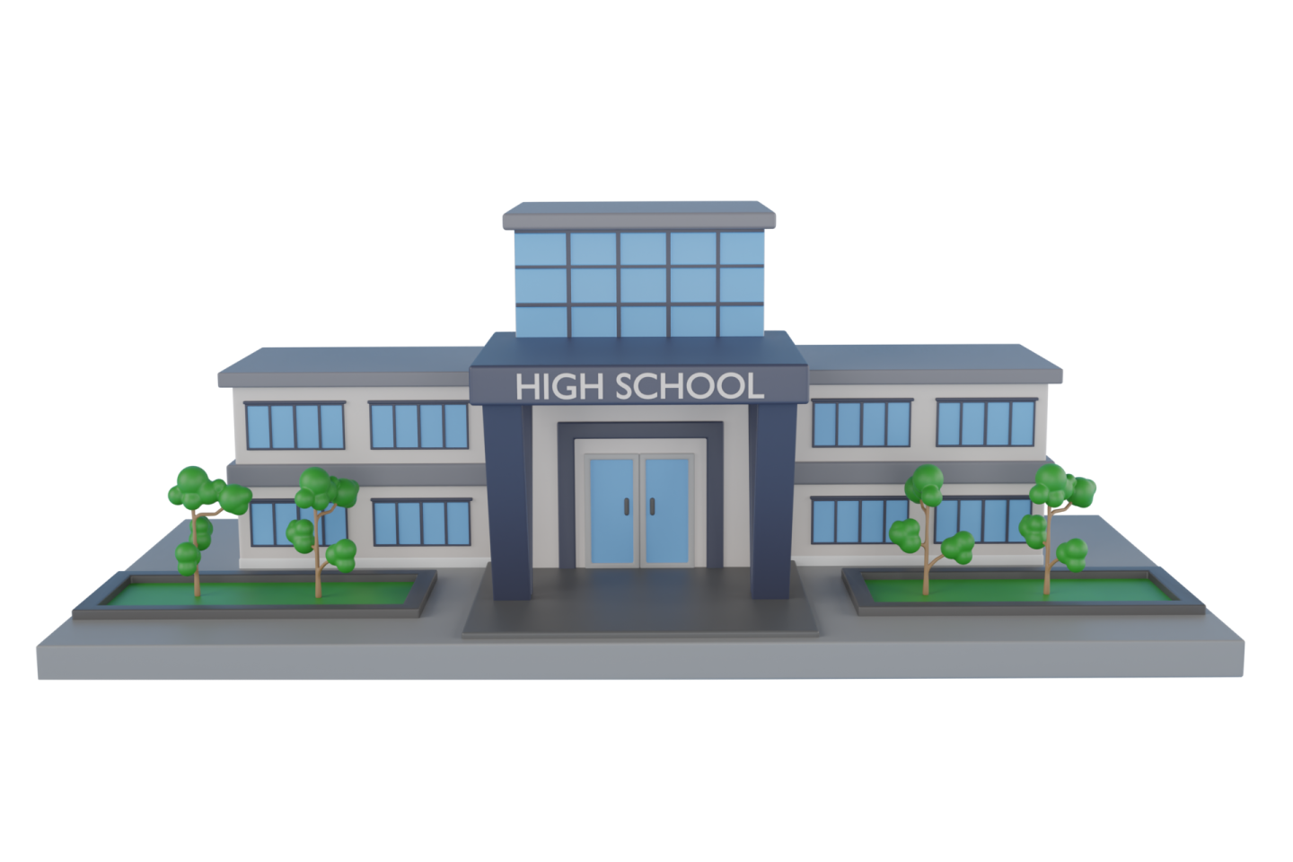 a school building with trees and bushes