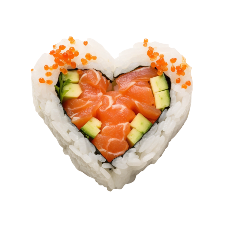 a heart shaped sui with salmon and avoca
