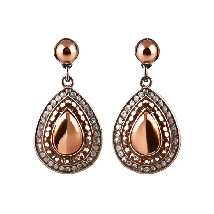 a pair of rose gold and diamond earrings