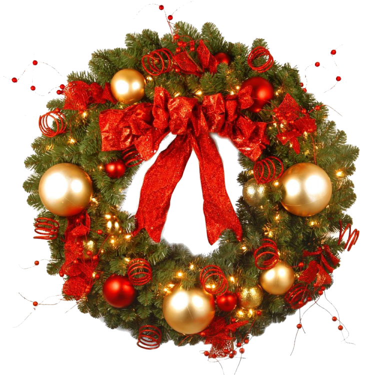 a christmas wreath with red and gold ornaments