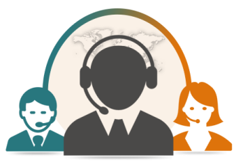 two people with headsets and a world map in the background