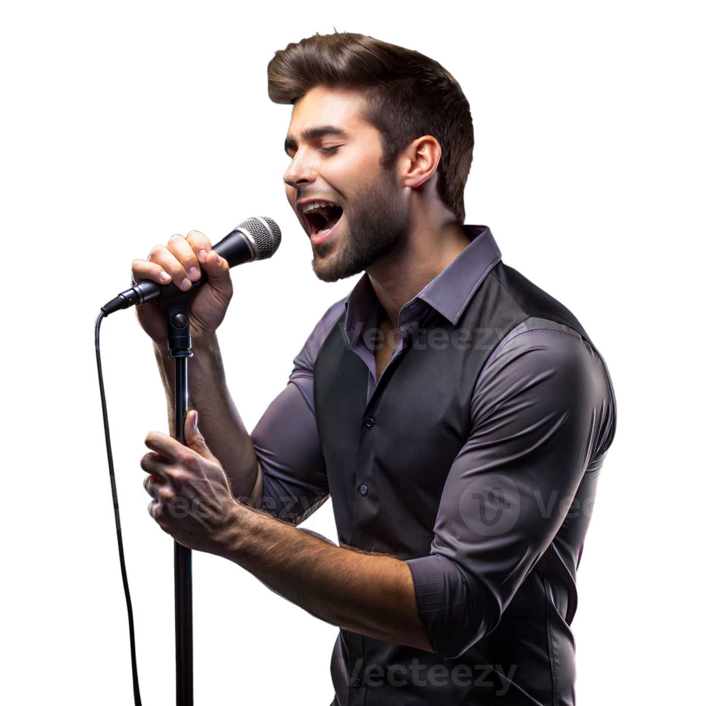 a man singing into a microphone on a white background