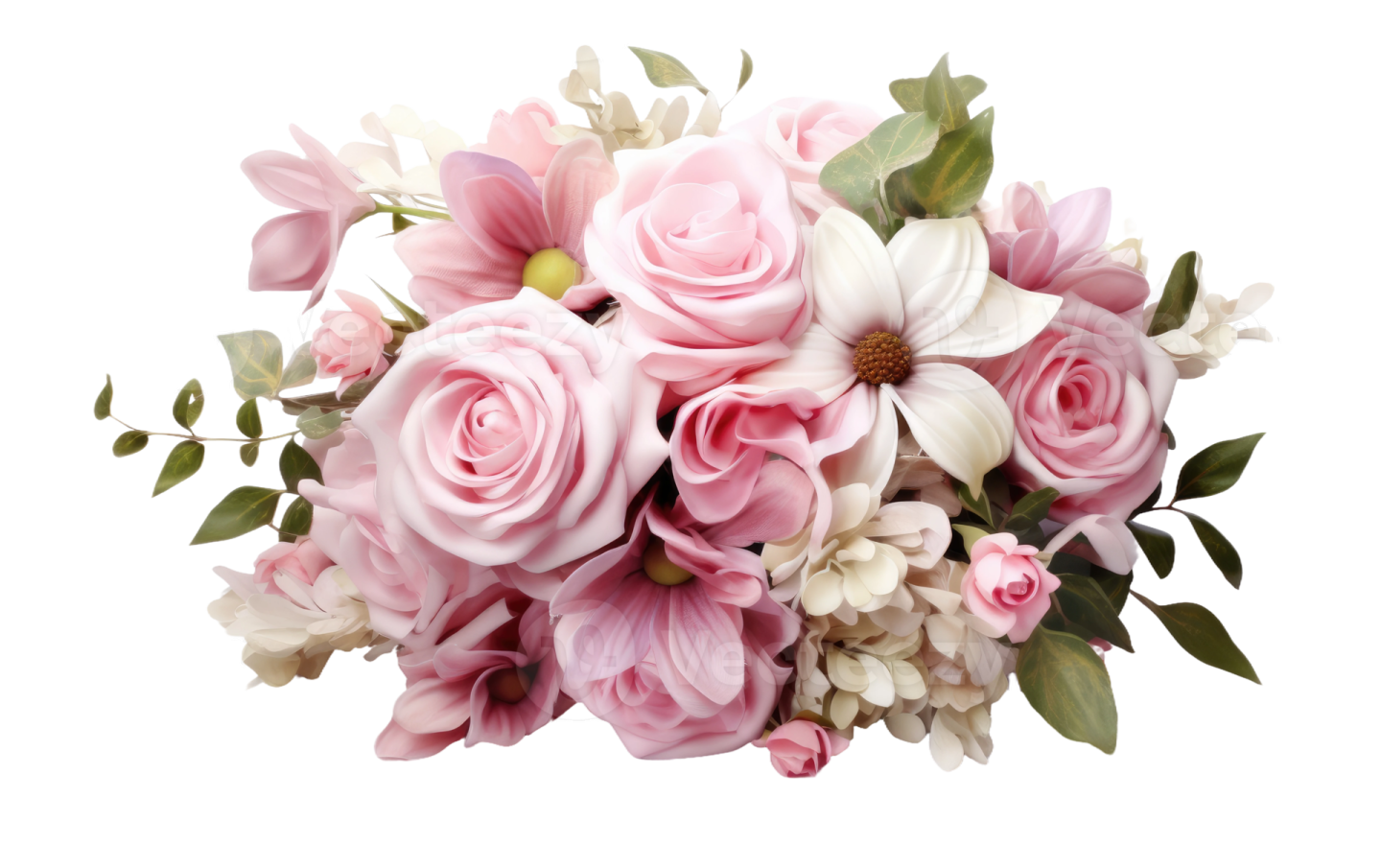 a bouquet of pink roses and white flowers